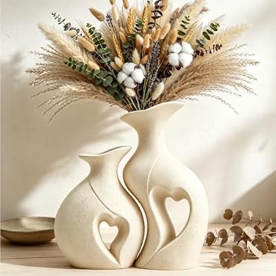 Heart Shaped Ceramic Vase Boho Modern Flower Vase Set of 2 (Cream) - image 2 of 4
