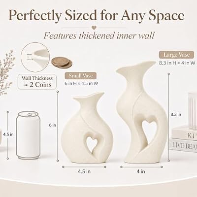 Heart Shaped Ceramic Vase Boho Modern Flower Vase Set of 2 (Cream) - image 4 of 4