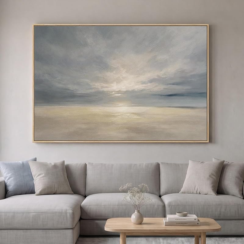 Extra Large Framed Beige Blue Coastal Abstract Wall Art, Horizontal 60x40 - Wall Art, product photo on a white background