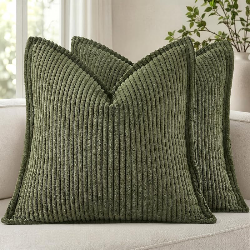 MIULEE Couch Pillow Covers 18x18 Olive Green Textured Corduroy - Vases & Objects, product photo on a white background