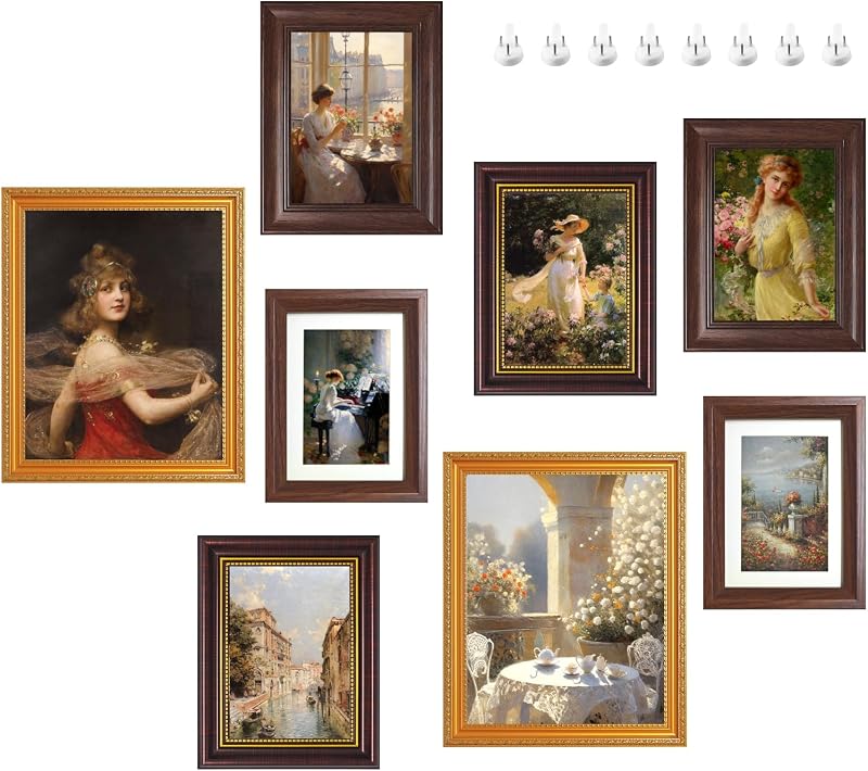 8 Pack Vintage Picture Frames for Wall or Tabletop Ornate Antique Photo Frames with Glass, Classic Wall Art Decor for Gallery, Living Room, Bedroom, Farmhouse, Mixed Sizes 8x10 & 5x7，(No Photos) - Wall Art, product photo on a white background