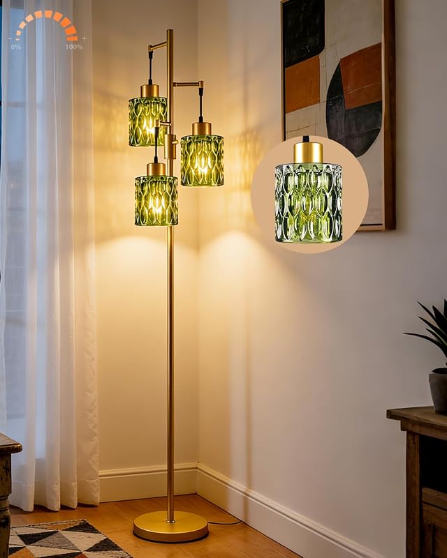 67" 3-Light Glass Floor Lamp for Living Room, Dimmable with Green Glass Shade & E12 Bulbs Included, Mid Century Modern Farmhouse Standing Tall Lamp for Bedroom/Sofa Beside/Corner - Gold - Floor Lamps, product photo on a white background