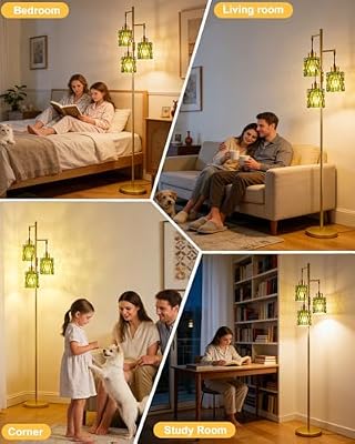 67" 3-Light Glass Floor Lamp for Living Room, Dimmable with Green Glass Shade & E12 Bulbs Included, Mid Century Modern Farmhouse Standing Tall Lamp for Bedroom/Sofa Beside/Corner - Gold - image 3 of 4
