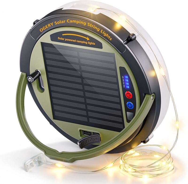 OGERY Solar Camping String Lights, 5400mAh/ 49.2FT/ 11 Modes Rechargeable - String & Accent Lighting, product photo on a white background