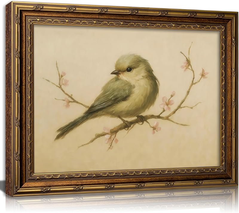 LTJGEB Vintage Bird Framed Wall Art Sparrow On Branch Canvas Print Neutral Beige Background Rustic Cottagecore Country Wall Decor for Bedroom Living Room Hallway 9x11 Inch - Wall Art, product photo on a white background