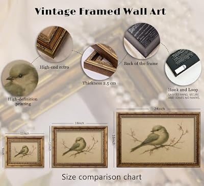 LTJGEB Vintage Bird Framed Wall Art Sparrow On Branch Canvas Print Neutral Beige Background Rustic Cottagecore Country Wall Decor for Bedroom Living Room Hallway 9x11 Inch - image 3 of 4